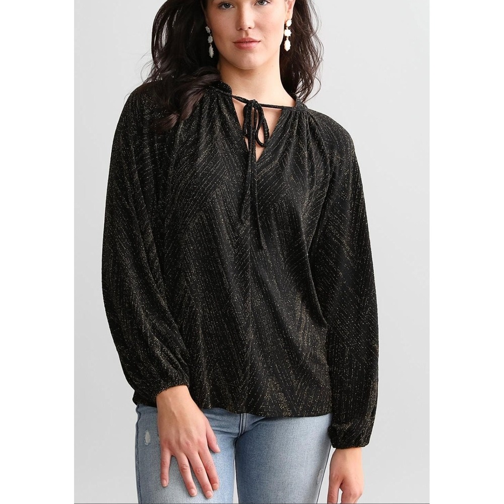 Buckle Black Womens‎ L Gold Metallic Chevron Tie Neck Balloon Sleeve Blouse Top